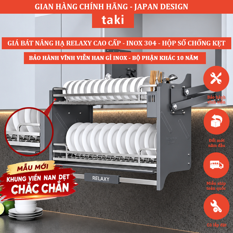 Giá Bát Nâng Hạ RELAXY CAO CẤP - NEW 2026 - INOX 304, Bảo Hành Hộp Lực 10 Năm, Trọn Đời Han Gỉ INOX - Có Thợ Lắp