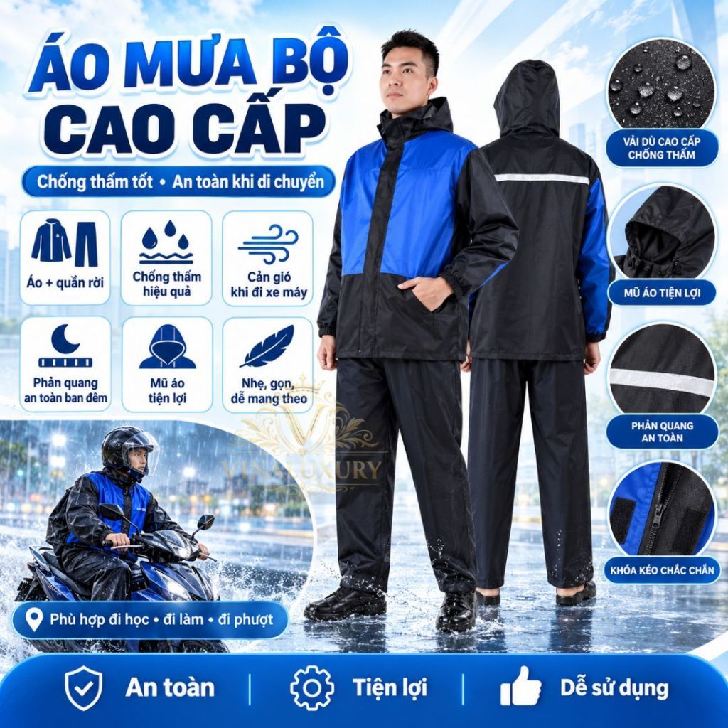 Bộ Quần Áo Mưa Nam Nữ - Áo Mưa Bộ 2 Lớp Chất Liệu Vải Dù Dày Dặn Chống Thấm Nước ( vinaluxury )