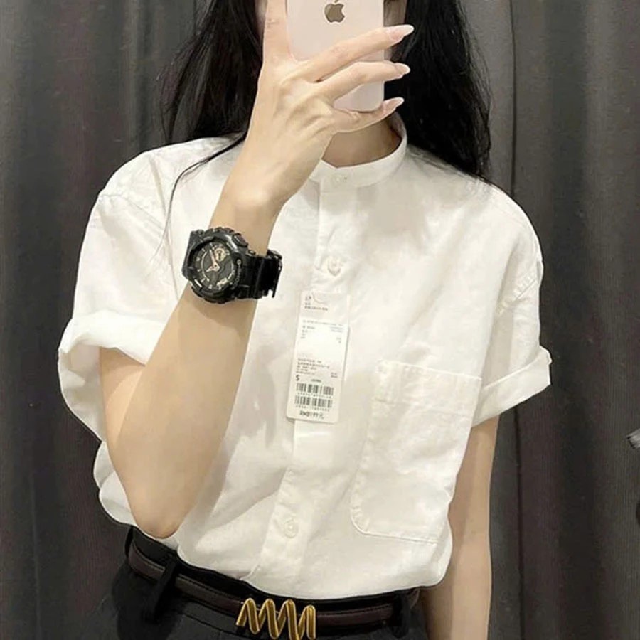 Áo sơ mi nữ cổ tầu form suông tay cộc vai trễ - Chất vải Linen bột mềm mát - Form rộng trẻ trung - ASM08 | BigBuy360 - bigbuy360.vn