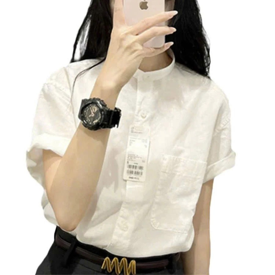 Áo sơ mi nữ cổ tầu form suông tay cộc vai trễ - Chất vải Linen bột mềm mát - Form rộng trẻ trung - ASM08 | BigBuy360 - bigbuy360.vn