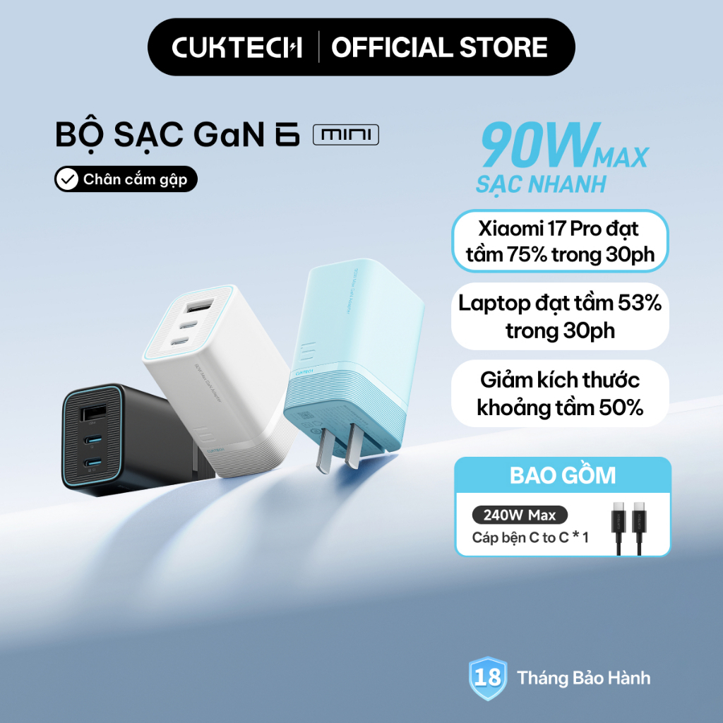 Củ Sạc Nhanh CUKTECH GaN Xiaomi 90W 3 Cổng Siêu Nhỏ Gọn Sạc PD 65W Cho iP 18/17/16/Xiaomi 17/Samsung S26/Laptop