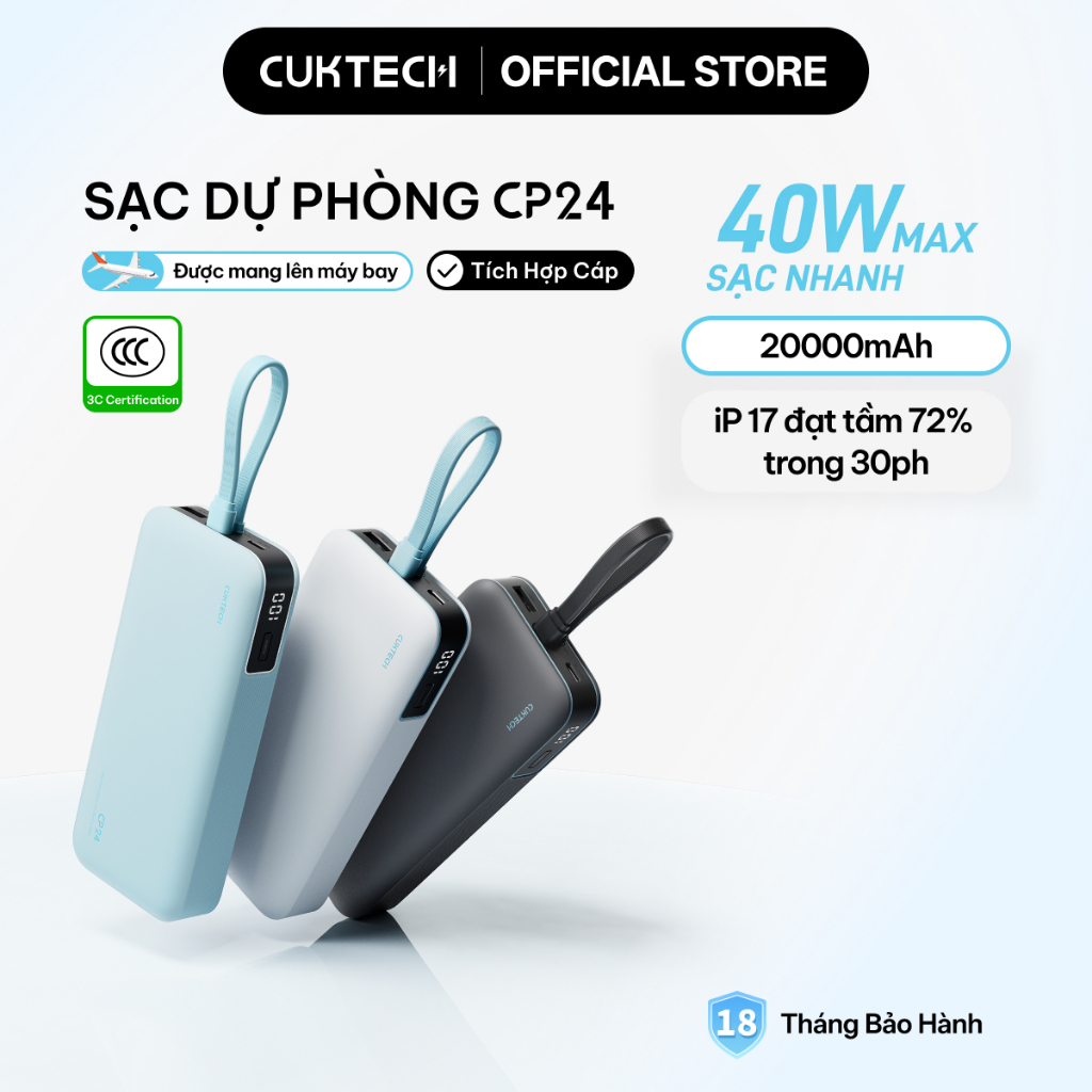 【Được chứng nhận CCC】CUKTECH Pin Dự Phòng 20000mAh Sạc Nhanh 40W – Tích Hợp Dây, Hỗ Trợ iP 38W / Xiaomi 33W —— CP24