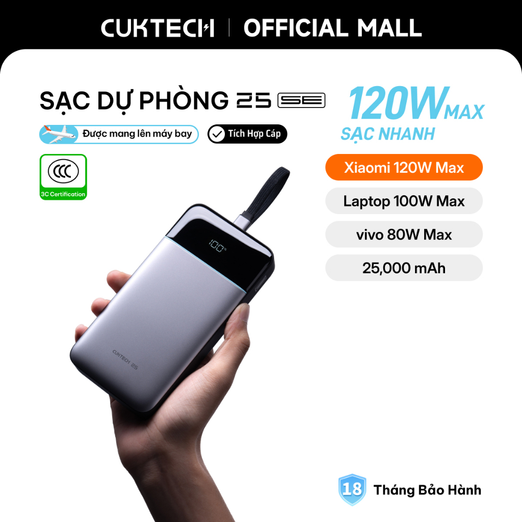 CUKTECH 120W 25000mAh Sạc Nhanh Công Suất Cao Pin Dự Phòng – Hỗ Trợ Xiaomi 120W Laptop 100W Samsung 45W iP18/17/16