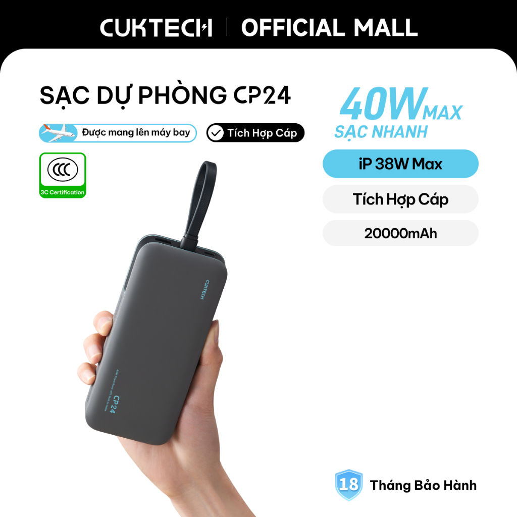 【Được chứng nhận CCC】CUKTECH Pin Dự Phòng 20000mAh Sạc Nhanh 40W – Tích Hợp Dây, Hỗ Trợ iP 38W / Xiaomi 33W —— CP24 Powe | BigBuy360 - bigbuy360.vn
