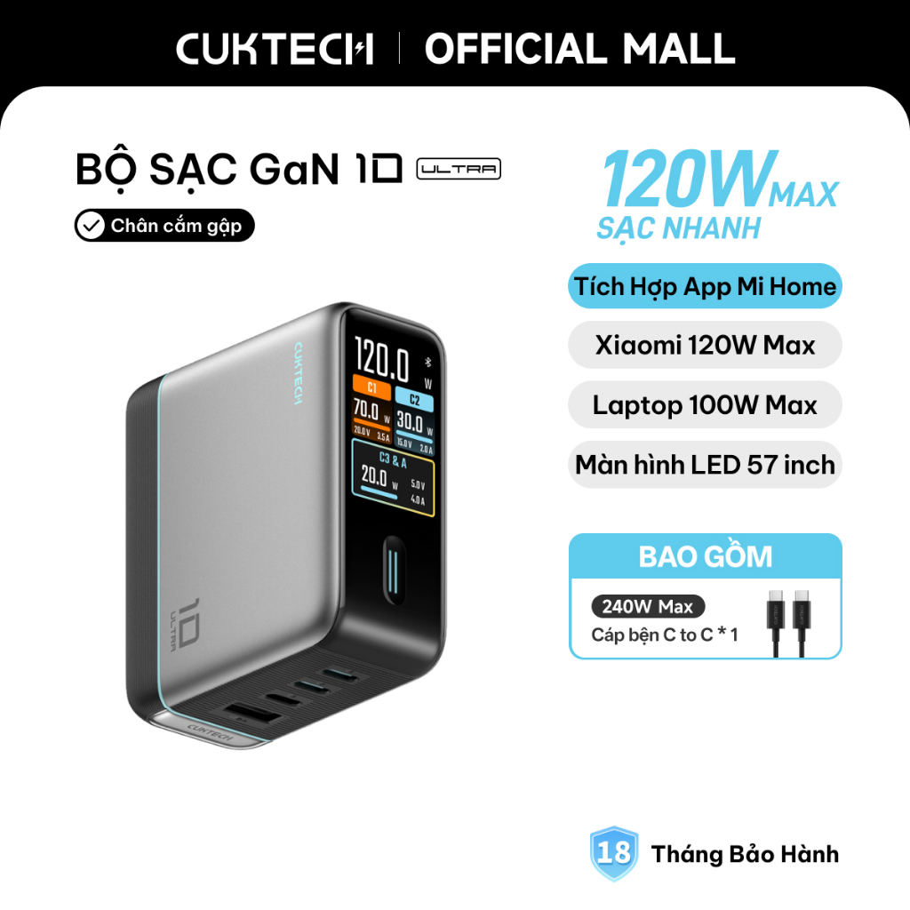 Củ Sạc Nhanh CUKTECH GaN 120W 4 Cổng Điều Khiển App Mi Home Cho Laptop/MacBook/iP 17/16/15 Pro Max/Xiaomi 17/Samsung S26