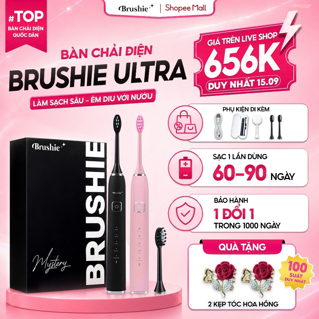 [GIÁ 540K LIVE SHOP] Bàn Chải Điện Brushie Ultra Plus Lông Mềm Mại An Toàn, Làm Sạch Mảng Bám, Tích Hợp Máy Rửa Mặt, LIS