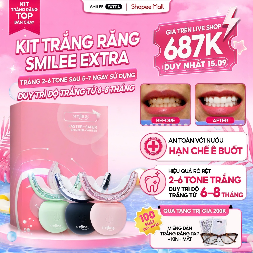 [GIÁ 631K TẠI LIVE SHOP] Trắng Răng SMILEE EXTRA, Bộ Kit Làm Trắng Răng Từ 2-6 Tone Tại Nhà Set Quà Tặng Cho Nữ LIS