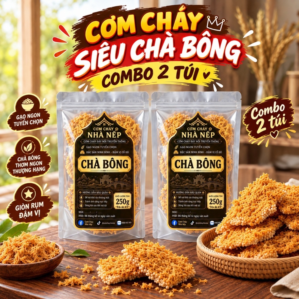 2 Túi | Cơm cháy Siêu chà bông giòn rụm - 2 túi 250g | Đồ ăn vặt Nhà Nếp Snack