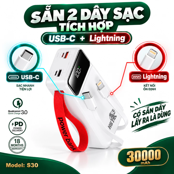 Pin sạc dự phòng 30000mAh 22.5W sạc nhanh kèm 2 dây tích hợp Type C Lightning, sạc dự phòng đa năng nhiều cổng tiện lợi – 4