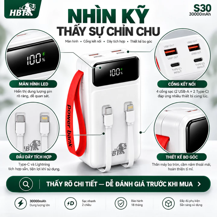 Pin sạc dự phòng 30000mAh 22.5W sạc nhanh kèm 2 dây tích hợp Type C Lightning, sạc dự phòng đa năng nhiều cổng tiện lợi – 7