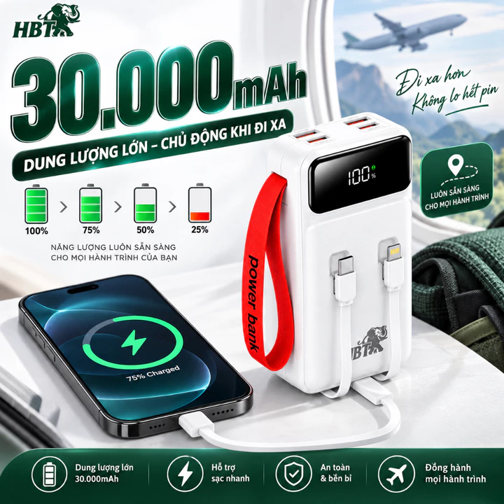 Pin sạc dự phòng 30000mAh 22.5W sạc nhanh kèm 2 dây tích hợp Type C Lightning, sạc dự phòng đa năng nhiều cổng tiện lợi – 6