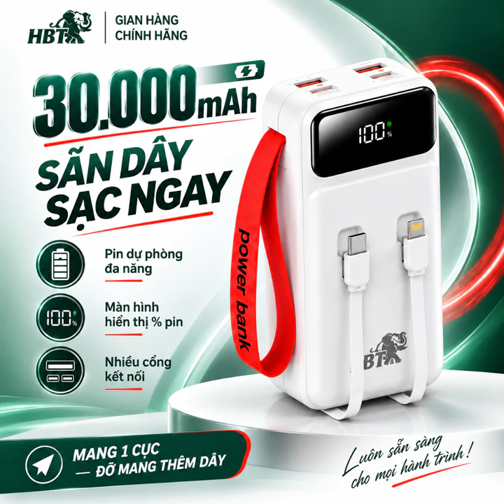 Pin sạc dự phòng 30000mAh 22.5W sạc nhanh kèm 2 dây tích hợp Type C Lightning, sạc dự phòng đa năng nhiều cổng tiện lợi