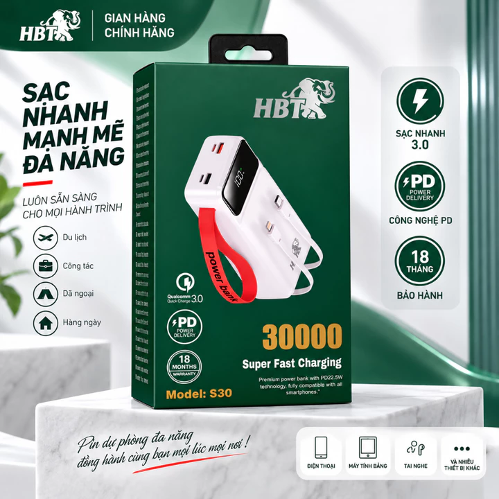 Pin sạc dự phòng 30000mAh 22.5W sạc nhanh kèm 2 dây tích hợp Type C Lightning, sạc dự phòng đa năng nhiều cổng tiện lợi – 3