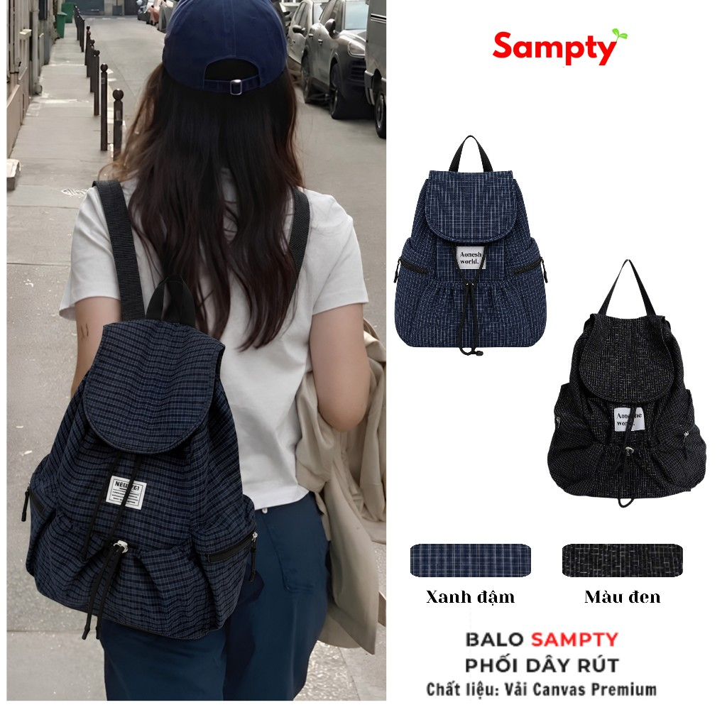 Balo Nữ 𝐒𝐚𝐦𝐩𝐭𝐲 Dáng Basic Họa Tiết Caro Form Rộng Dây Rút Phong Cách Hàn Quốc Đi Chơi Đi Học