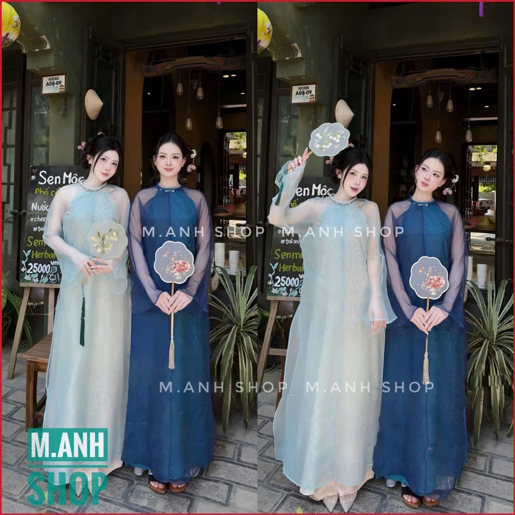 Áo Dài Cổ Mấn Chất Liệu Tơ Phối Gấm 4 tà Cao Cấp Mặc Lễ Tết