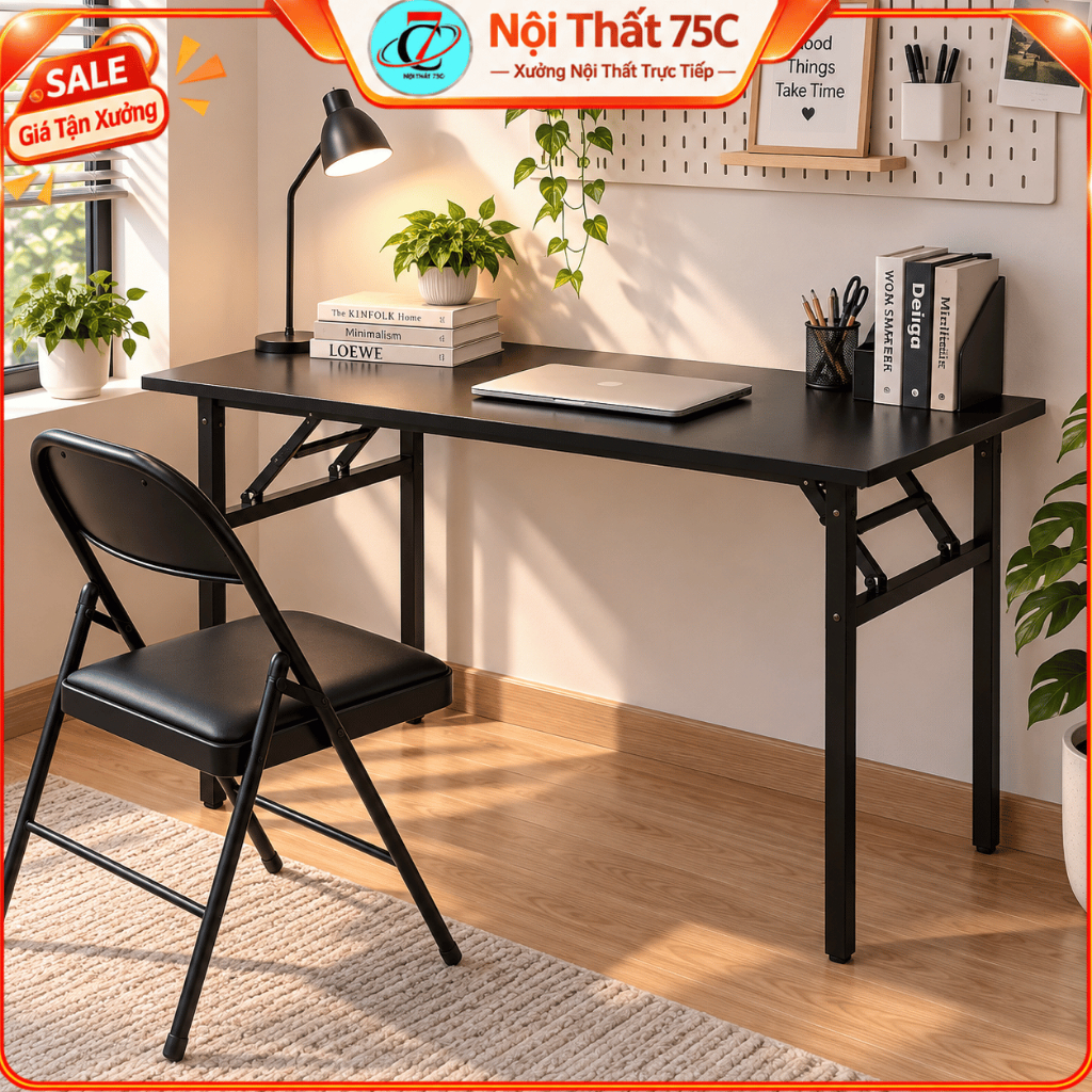 Bàn học gấp gọn , bàn học làm việc chân xếp gọn , đã lắp ráp sẵn , kích thước 60x80 /50x100 /60x120