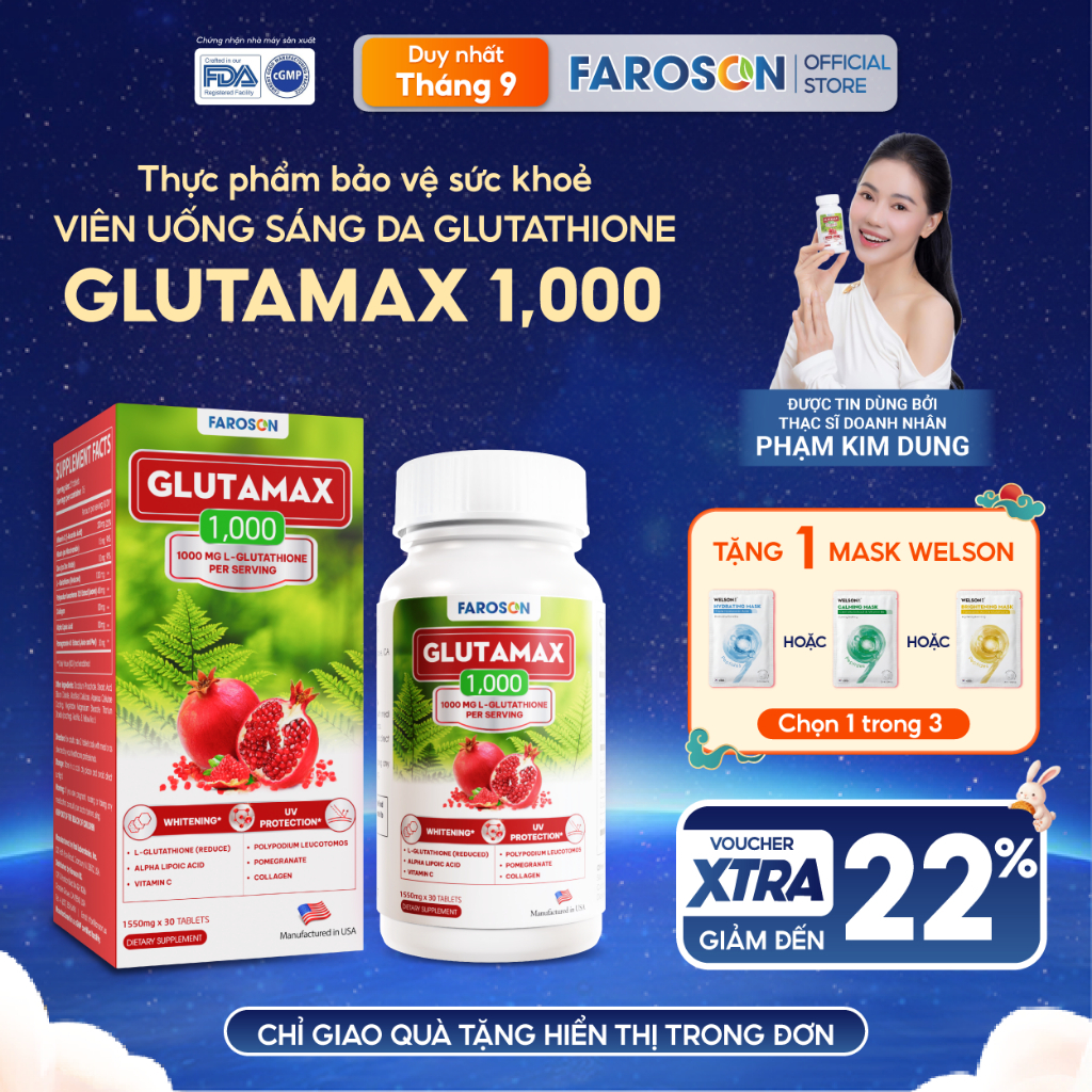 TPBVSK Viên Uống Trắng Da Glutathione Faroson Glutamax 1000 Sáng Da Giảm Nám Chống Nắng Hộp 30 Viên