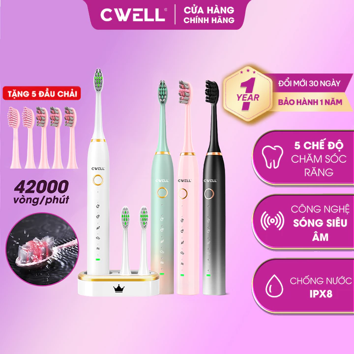 Bàn chải đánh răng điện Sonic CWELL S1, 42000 nhịp rung/phút, 5 chế độ, IPX8, tặng 5 đầu thay thế