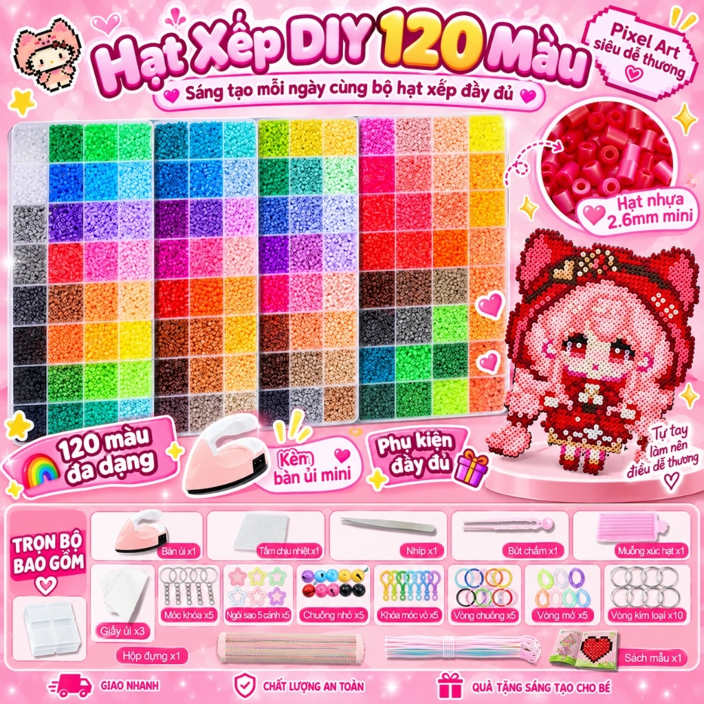【Bộ Hạt Nhựa Ủi】Hạt Xếp DIY 2.6mm Pixel Art, Full Combo Kèm Bàn Ủi, Bảng Ghép Và Phụ Kiện