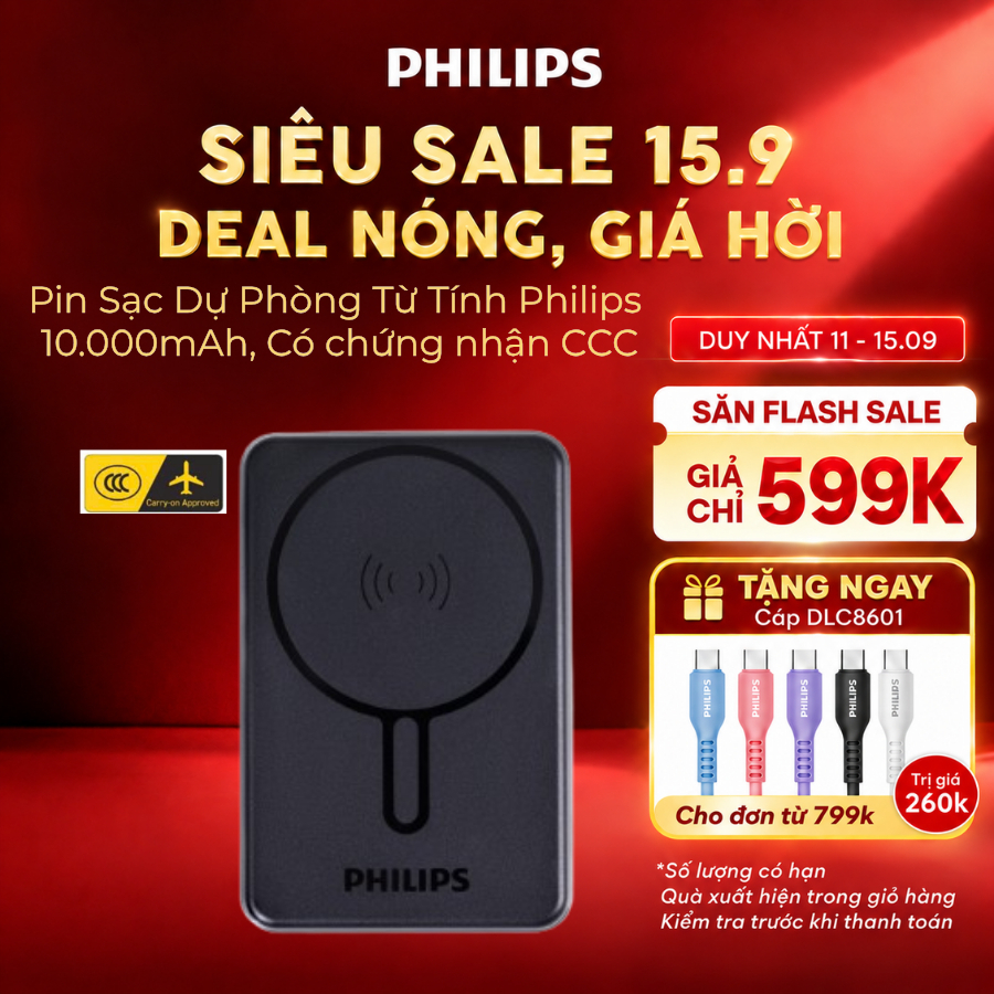 [Chứng Nhận CCC] Pin Sạc Dự Phòng Từ Tính Philips DLP6759 10.000mAh 22.5W, có 3C, mang lên máy bay