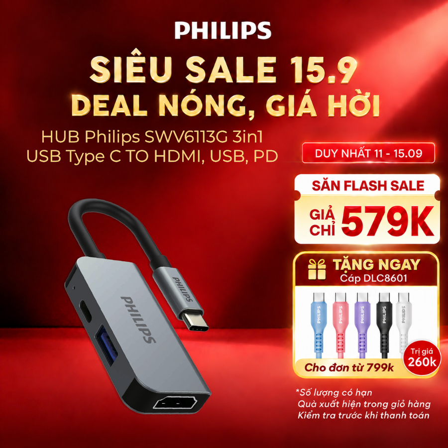 Bộ Hub chuyển đổi Philips đa cổng USB Type C (Thunderbolt 3) to HDMI + USB-A + USB-C (PD) SWV6113/5G