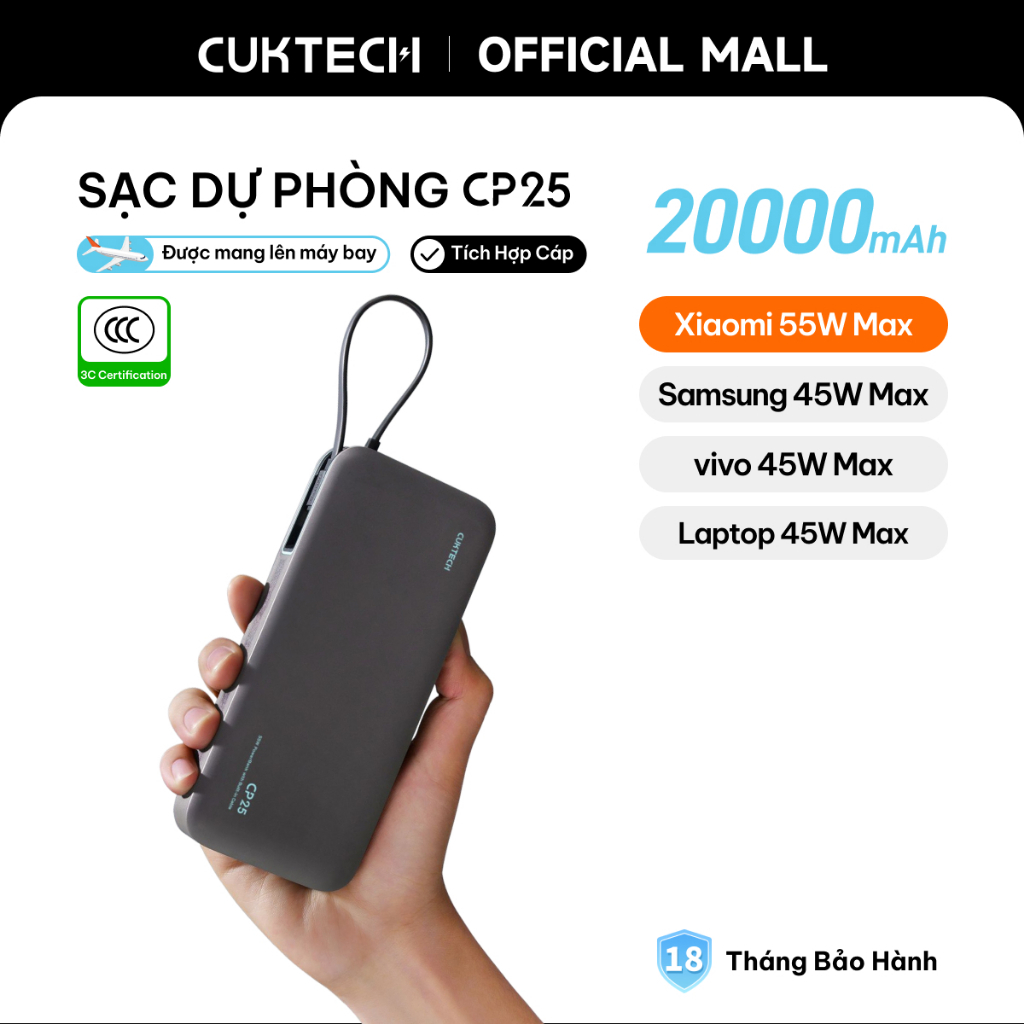 【Được chứng nhận CCC】CUKTECH Sạc Nhanh 55W 20000mAh – Tích Hợp Dây, Hỗ Trợ Xiaomi 55W Samsung 45W Laptop 45W iP 18/17/16