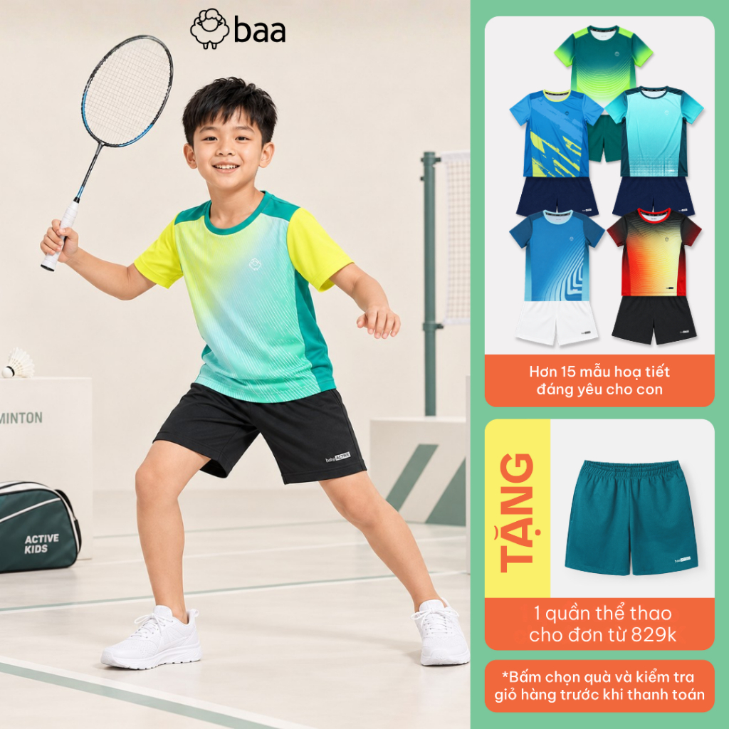 Set đồ thể thao bé trai cầu lông vải siêu nhẹ thoáng khí co giãn vận động 18-52 kg Baa Active QU46N