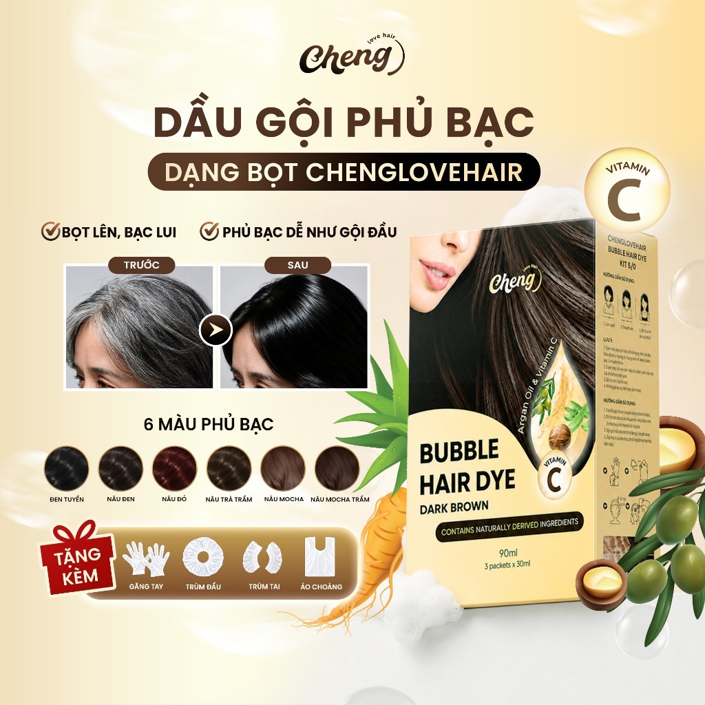 Dầu Gội Nhuộm Tóc Phủ Bạc Dạng Bọt Chenglovehair 6 Màu – Nhuộm Tại Nhà, Thuốc Nhuộm Tóc Phủ Bạc Chiết Xuất Thực Vật