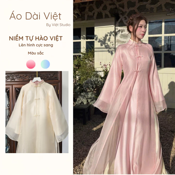 Set Áo Dài Tứ Thân Dáng Xuông Phối Choàng Tơ Cách Điệu sang trọng đủ màu - Việt Store AD 54