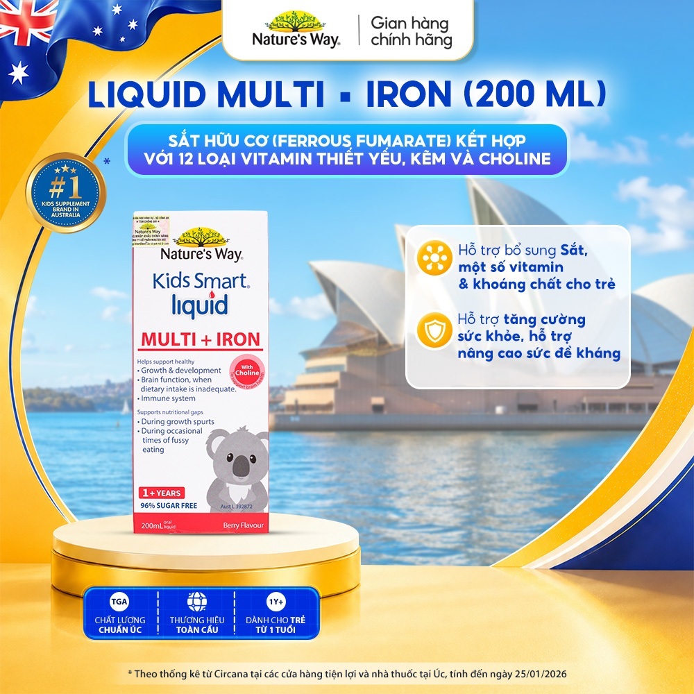 Siro Bổ Sung Sắt Và Multi Vitamin Cho Bé Nature's Way Kids Smart Liquid Multi + Iron Hỗ Trợ Nâng Cao Đề Kháng 200ml