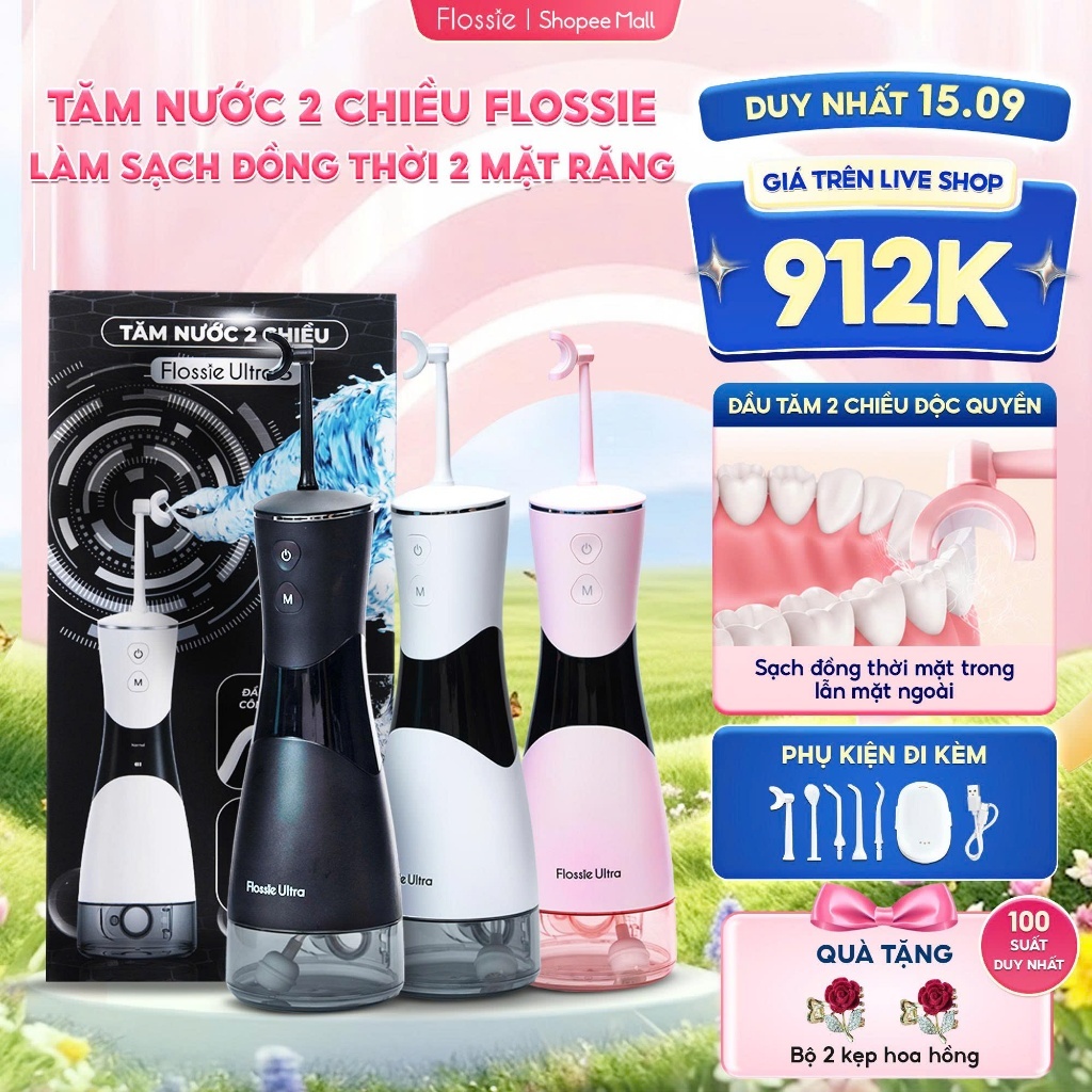 [GIÁ 912K TẠI LIVE SHOP] Tăm Nước FLOSSIE ULTRA 2 Chiều Cầm Tay 5 Chế Độ Làm Sạch Sâu Phù Hợp Người Niềng Răng, LIS