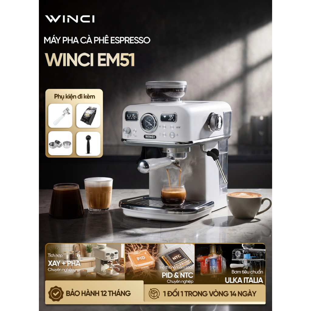 Máy pha và xay cà phê 2in1 Espresso Winci EM51, Tay cầm 51mm, bảo hành 12 tháng