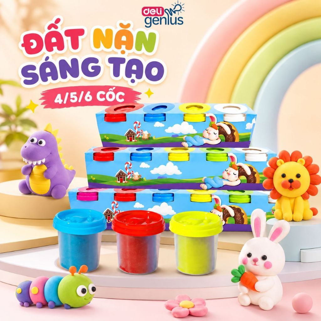 Set Đất Nặn Cốc 4/5/6/12 Màu Deli, Hũ Đất Nặn Gạo An Toàn Cho Bé Kèm Khuôn Dễ Tạo Hình Không Dính Tay, Đât Nặn Sáng Tạo