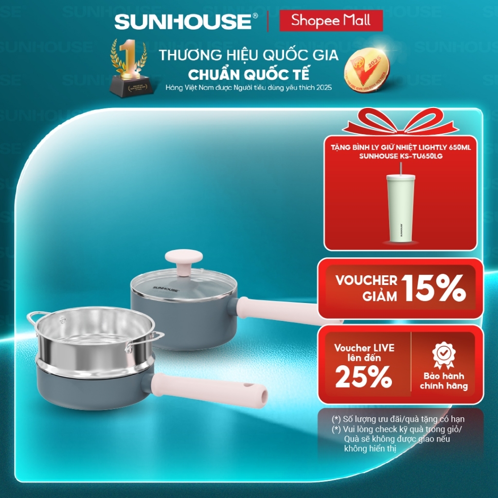 [Kèm xửng] Bộ chảo quánh Ceramic đáy từ Sunhouse Healthy SHG1616 - Truyền nhiệt nhạy - Linh hoạt trên mọi loại bếp