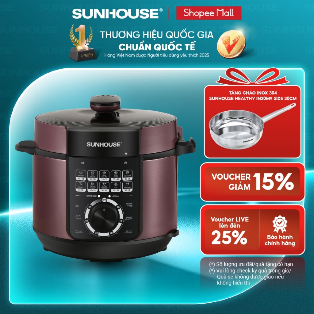 Nồi áp suất điện đa năng Sunhouse SHD1657 | Dung tích 6L | Công suất 1000W | Lòng nồi chống dính cao cấp, an toàn