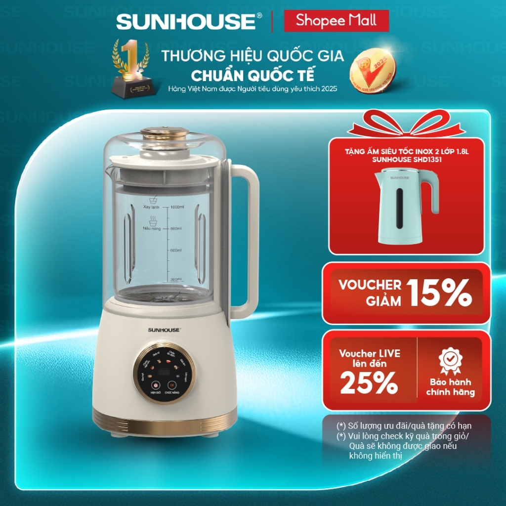 Máy làm sữa hạt đa năng Sunhouse SHD5262 - Tích hợp lồng chống ồn - 6 chức năng - Tự động làm sạch - Hẹn giờ tới 12h