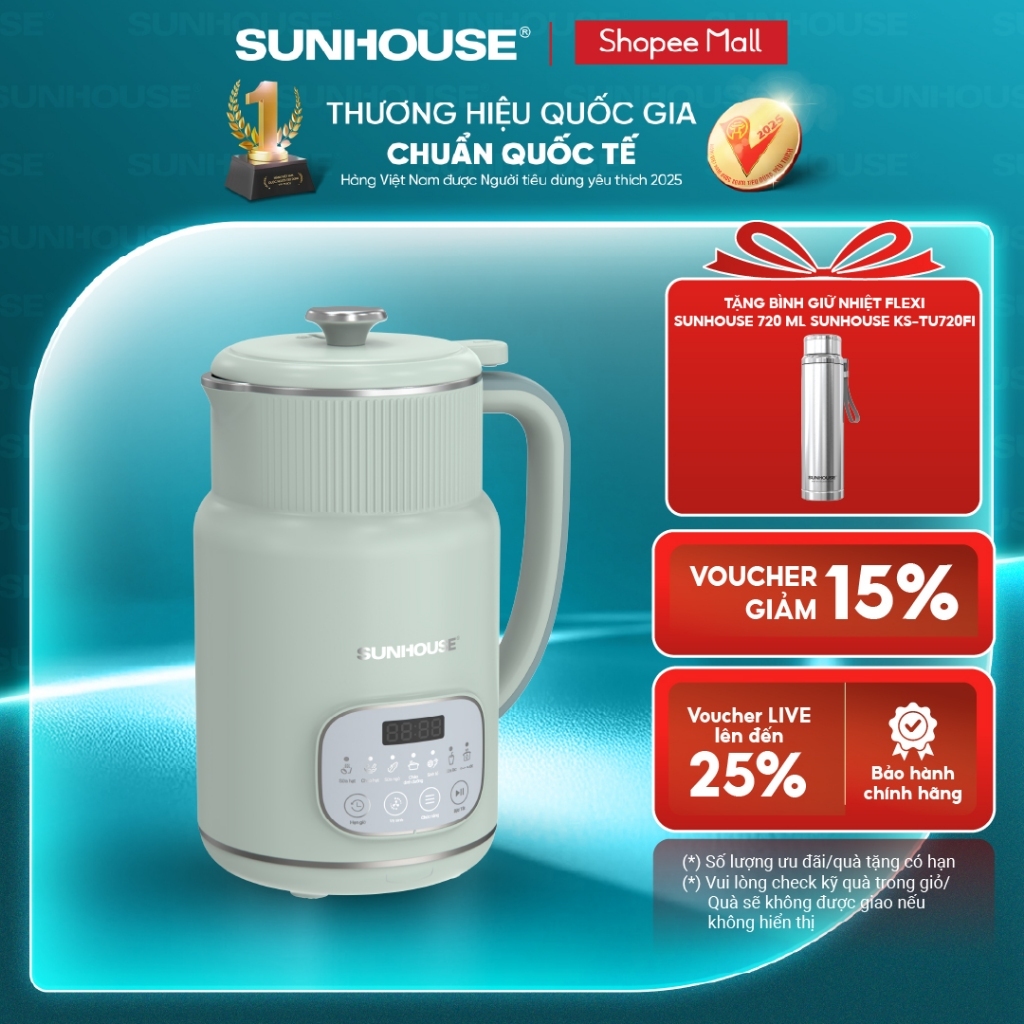 Máy Làm Sữa Hạt Đa Năng Sunhouse SHD5260 – 800ml – Cối 2 lớp – Lưỡi dao kép 8 cánh – Hẹn giờ nấu thông minh