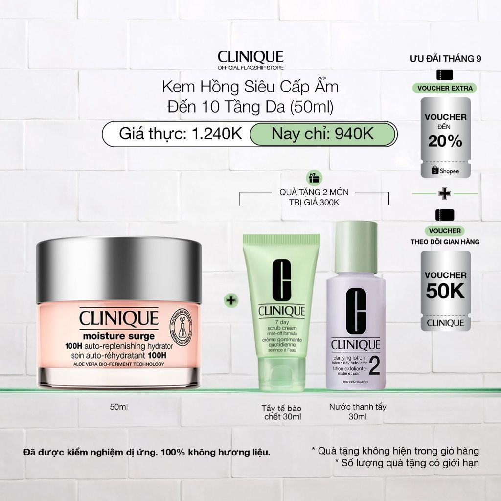 Kem hồng dưỡng ẩm tức thì 100H Clinique Moisture Surge 100H Auto-Replenishing Hydrator - Moisturizer (30ml, 50ml, 75ml)