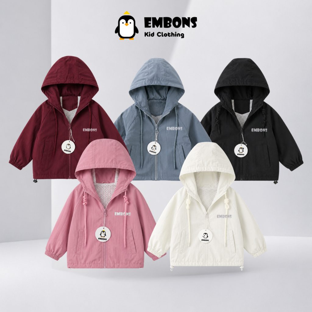 Áo khoác gió cho bé lót lưới mềm mịn EMBONS, túi có khoá kéo chống nắng chống nước cản gió AKG_EMBON