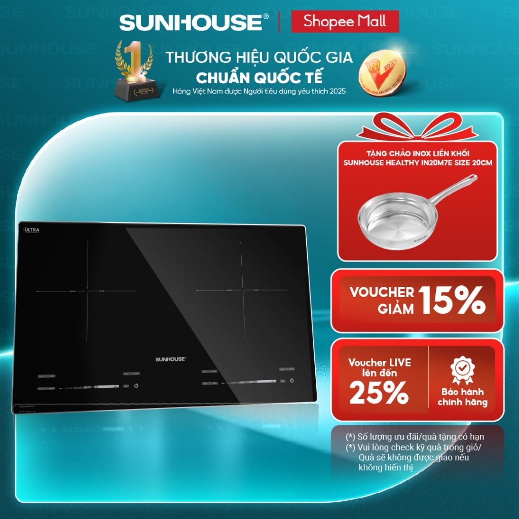 Bếp đôi điện từ Sunhouse SHB81032-EC - Bảo hành 3 năm -  Mặt kính cao cấp Ultra Vitro Ceramic