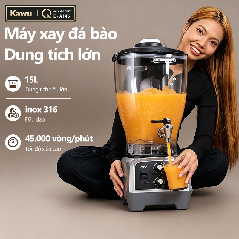 Máy xay sinh tố công nghiệp Kawu 15L 8 lưỡi dao inox 316 2800W có vòi máy xay đá tuyết