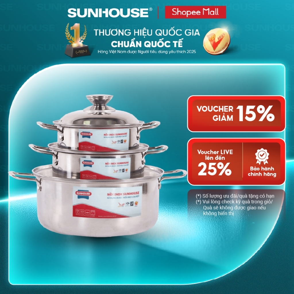 Bộ nồi inox 1 đáy Sunhouse SH224 - Chất liệu inox an toàn - Truyền nhiệt nhanh chóng - Linh hoạt mọi loại bếp