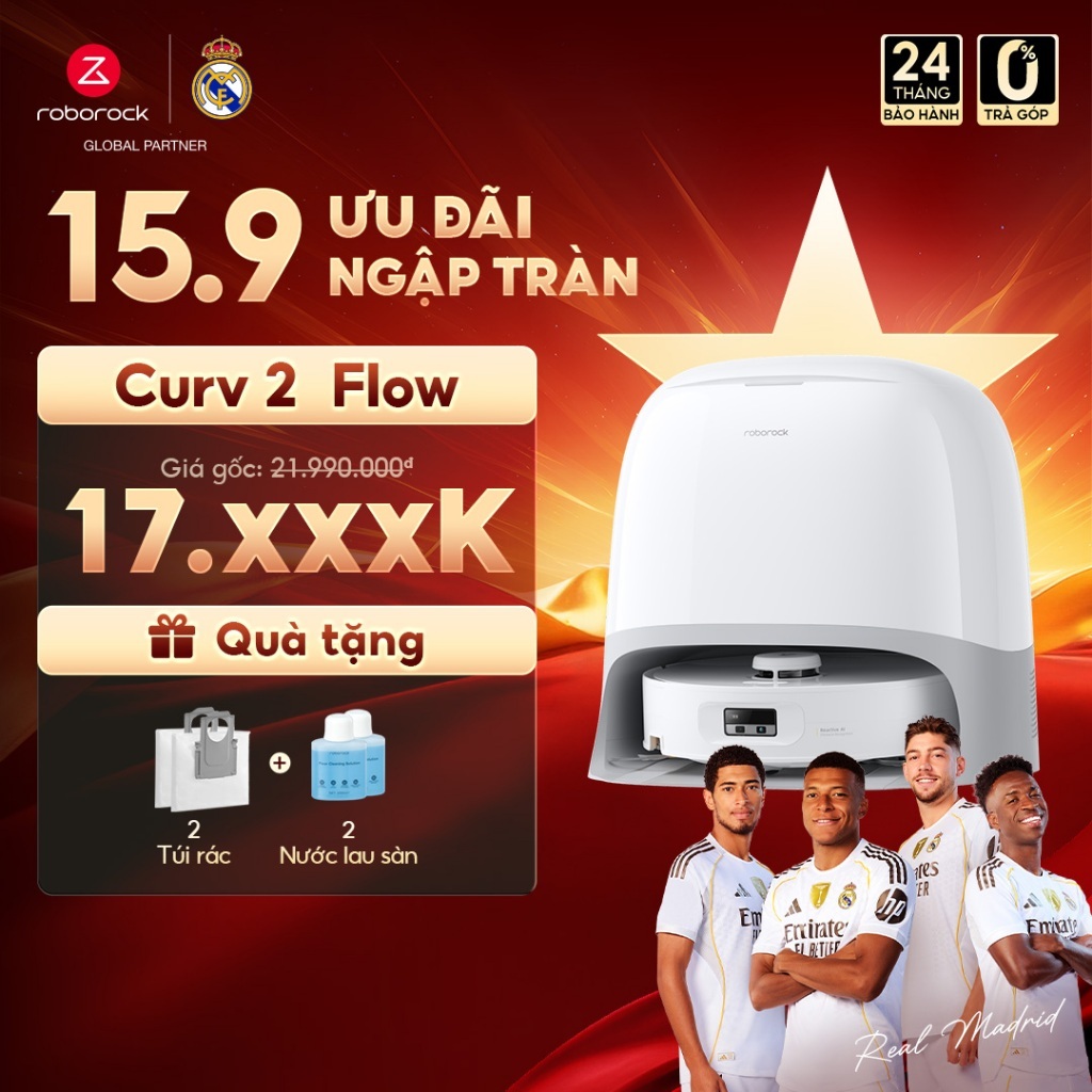 Roborock Qrevo Curv 2 Flow robot hút bụi lau sàn | Lực hút 20000 Pa | Con lăn lau sát mép | Bản quốc tế