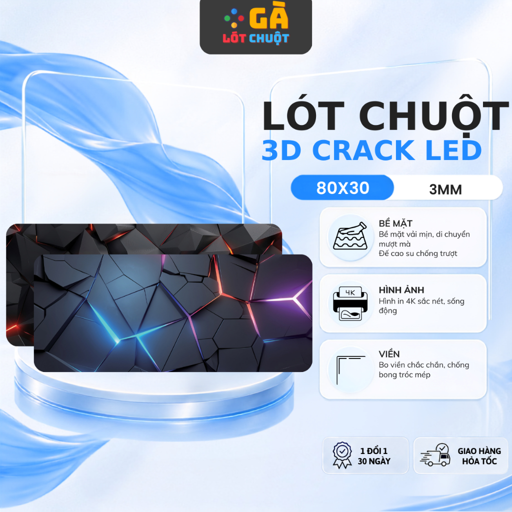 Lót Chuột Cỡ Lớn 80x30 – Thiết Kế 3D Crack LED Cá Tính – Trơn Mượt, Chống Trượt, Dễ Giặt