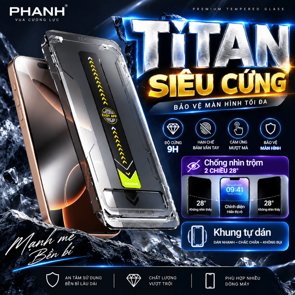 Kính cường lực iphone khung tự dán Titan cho x xr xsmax 11 12 13 14 15 16 chống nhìn trộm PHANH KTD-TITAN TT_01