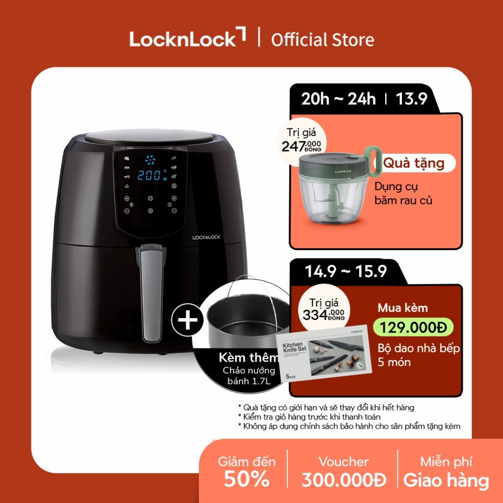 Nồi Chiên Không Dầu Lock&Lock Jumbo Plus Air Fryer 5.2L Màu-đen EJF357BLK 8 menu sẵn, giảm chất béo, giữ ấm