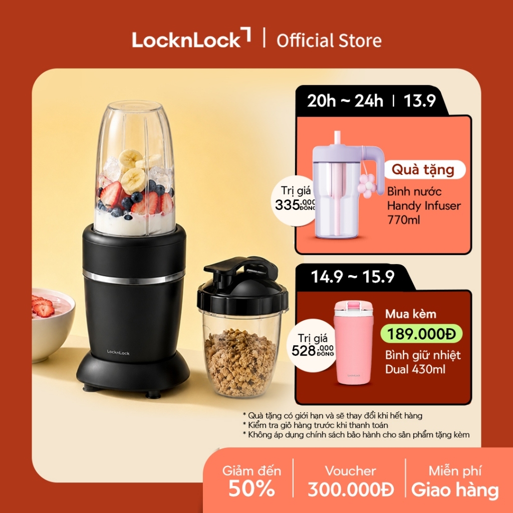 Máy xáy sinh tố LocknLock blender 2 bình đựng 950ml và 500ml xay đá chống trượt EJM452BLK