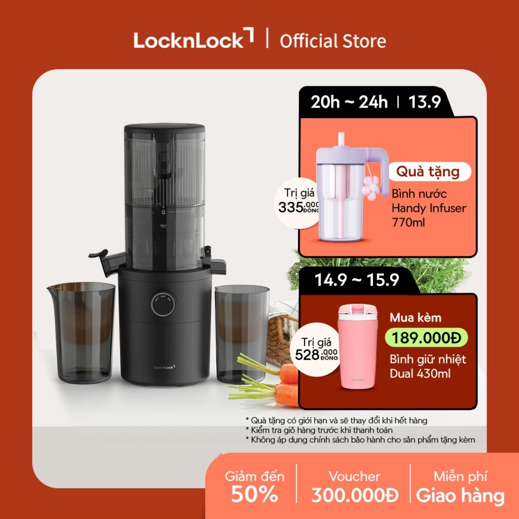 Máy Ép Chậm Trái Cây Nguyên Quả Locknlock Slow Juicer Đảo Chiều Thông Minh EJJ441BLK - Màu đen
