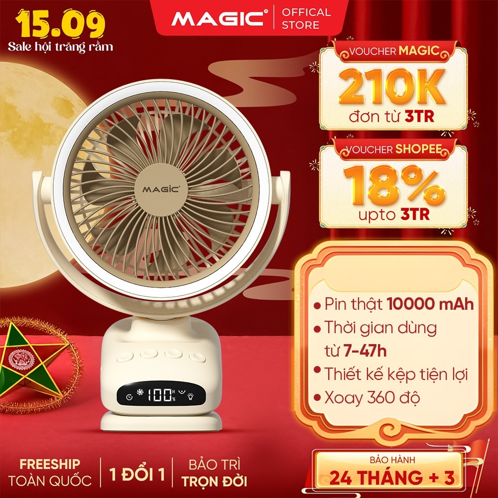 Quạt Kẹp Bàn Magic A-004 Pro Max, Pin 10000mAh, Xoay 360 độ, 5 Tốc Độ Gió Dùng 7-47 Giờ, BH 12 Tháng