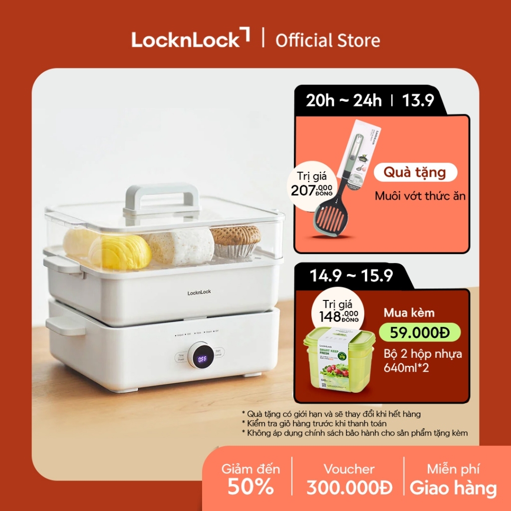 Nồi lẩu đa năng LocknLock Bianco Electric Multicooker 4.5L EJP154IVY màu ngà lẩu nướng luộc hấp hầm lòng nồi tráng sứ